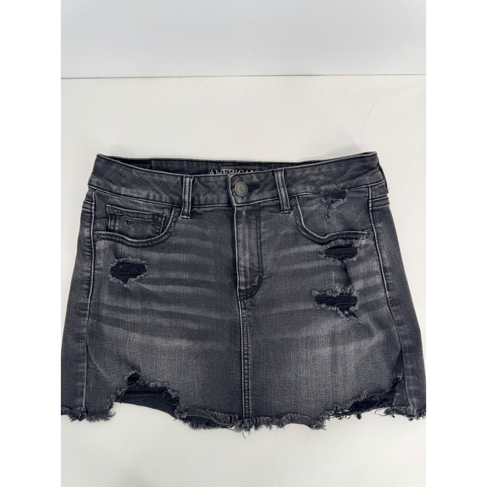 American Eagle Super Stretch X Denim Mini Skirt Faded Black Raw Hem Womens Sz 6